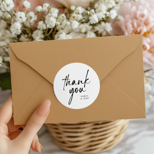 Modern Minimalist Black Calligraphy Thank You Classic Round Sticker