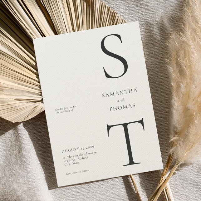 Modern Minimalist Black & Ecru Monogram Wedding Invitation (Creator Uploaded)