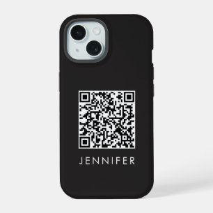 Modern Minimalist Black Executive QR Code Monogram iPhone 15 Case