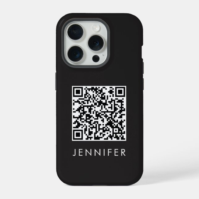 Modern Minimalist Black Executive QR Code Monogram iPhone Case (Back)
