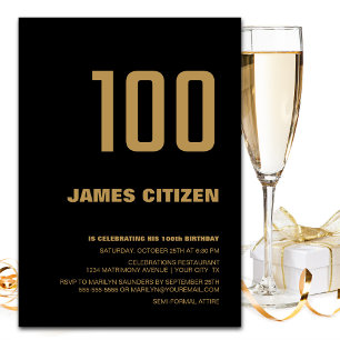 Modern Minimalist Black Gold 100th Birthday Party Invitation