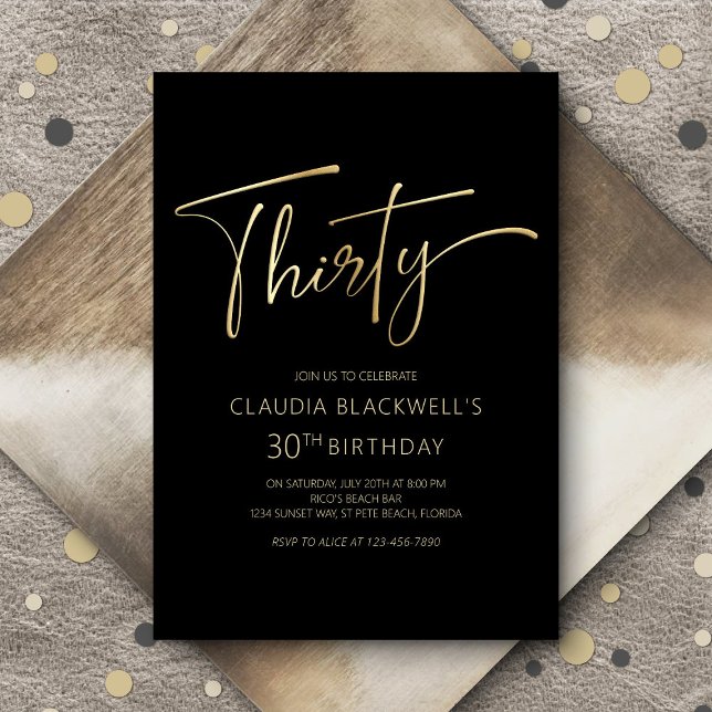 Modern Minimalist Black Gold 30th Birthday Invitation (Creator Uploaded)