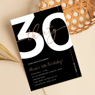 Modern Minimalist Black & Gold 30th Birthday Party Invitation