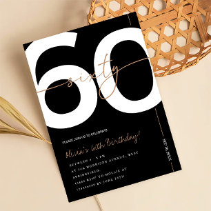 Modern Minimalist Black & Gold 60th Birthday Party Invitation