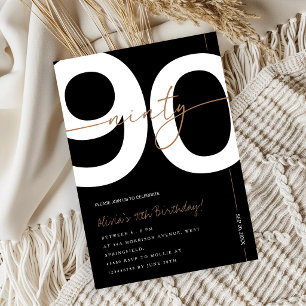 Modern Minimalist Black & Gold 90th Birthday Party Invitation