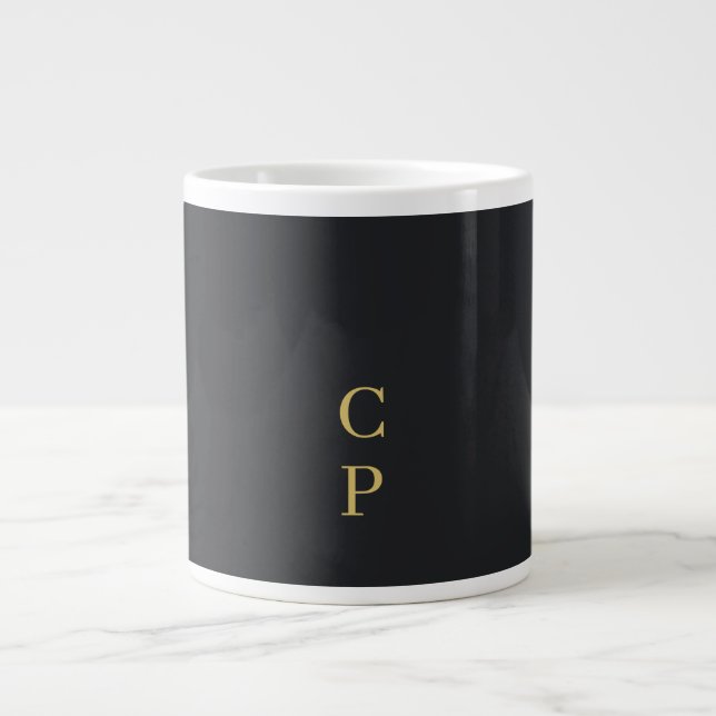 Modern Minimalist Black & Gold Colour Monogrammed Large Coffee Mug (Front)