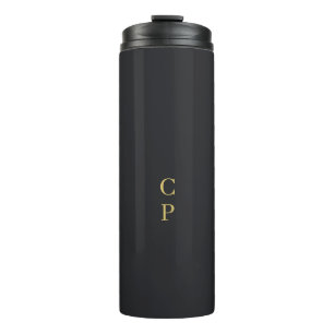 Modern Minimalist Black & Gold Colour Monogrammed Thermal Tumbler