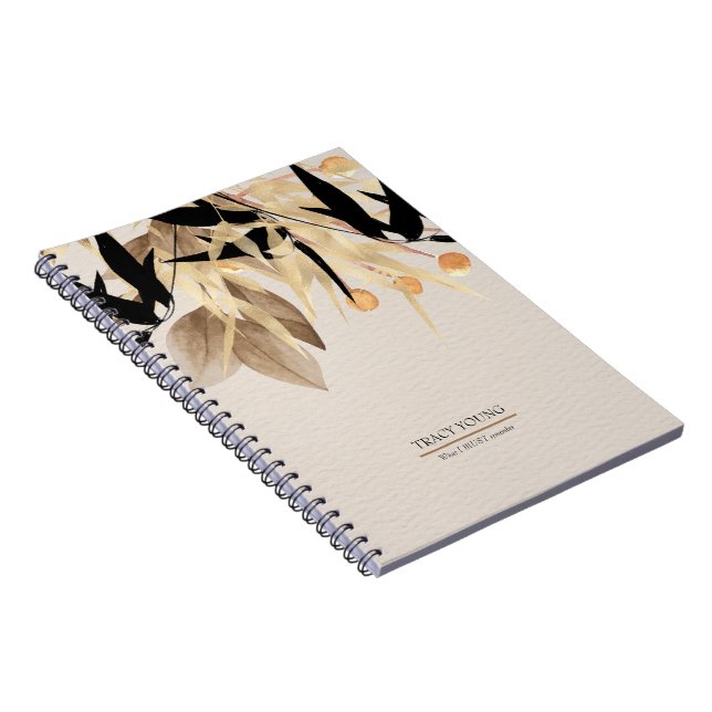 Modern Minimalist Black Gold Floral Spiral Notebook (Right Side)