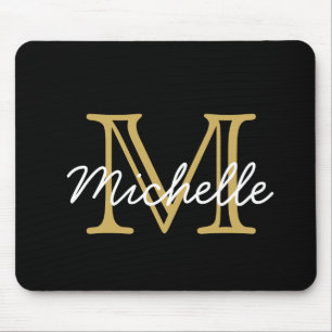 Modern Minimalist Black Gold Monogram Script Mouse Pad