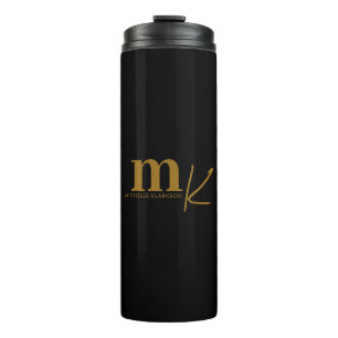 Modern Minimalist Black Gold Monogram Thermal Tumbler