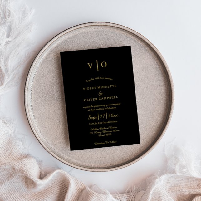 Modern Minimalist | Black Gold Monogram Wedding Invitation (Creator Uploaded)