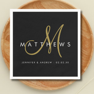 Modern Minimalist Black Gold Monogram Wedding Napkin