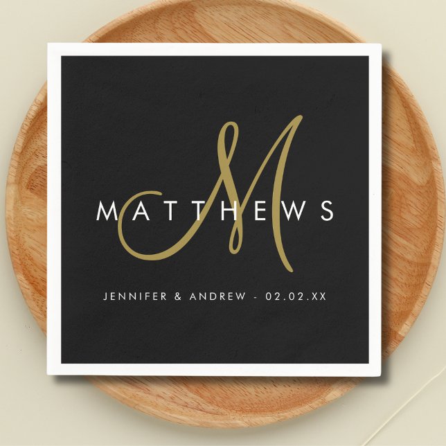 Modern Minimalist Black Gold Monogram Wedding Napkin (Creator Uploaded)