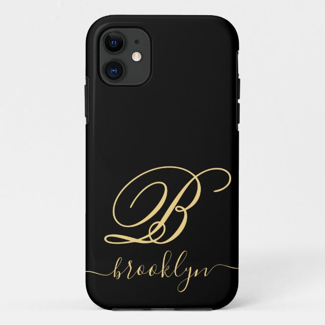 Modern Minimalist Black Gold Name Monogrammed Case-Mate iPhone Case (Back)