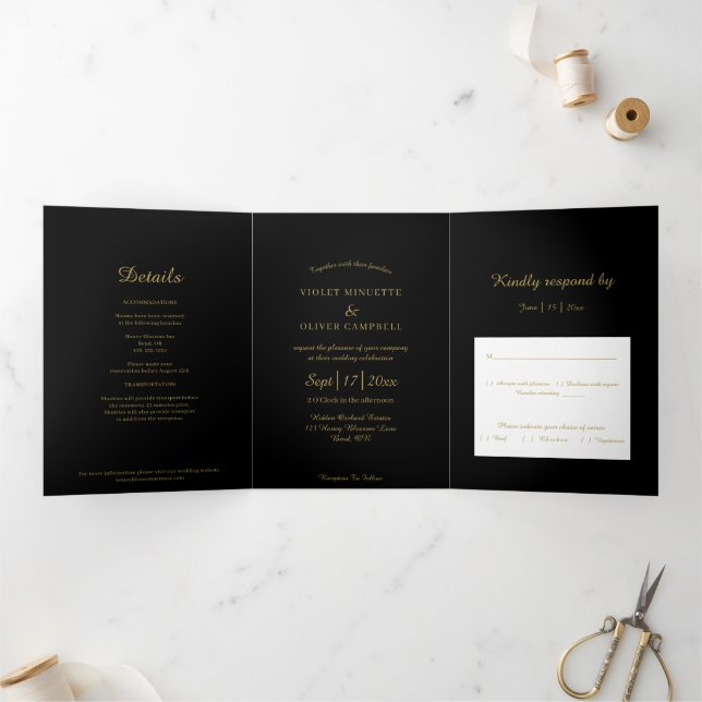 Modern Minimalist | Black Gold Tri-Fold Invitation (Inside)