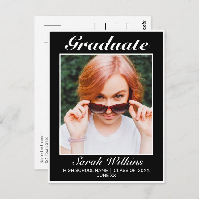 Modern Minimalist Black Graduation Announcement Postcard (Front/Back)