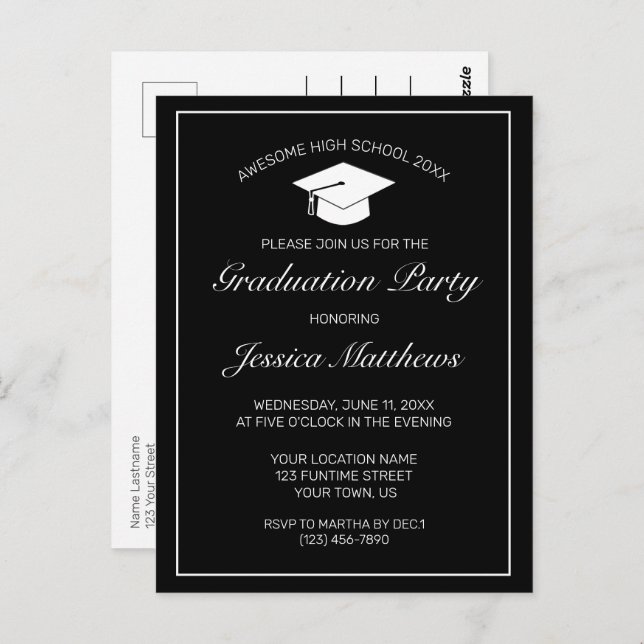 Modern Minimalist Black Graduation Invitation Postcard (Front/Back)