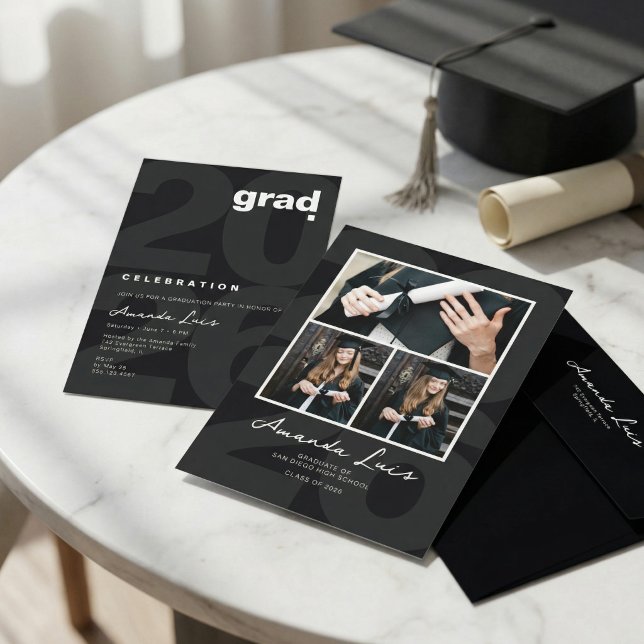Modern Minimalist Black Graduation Photo Collage   Invitation (Creator Uploaded)