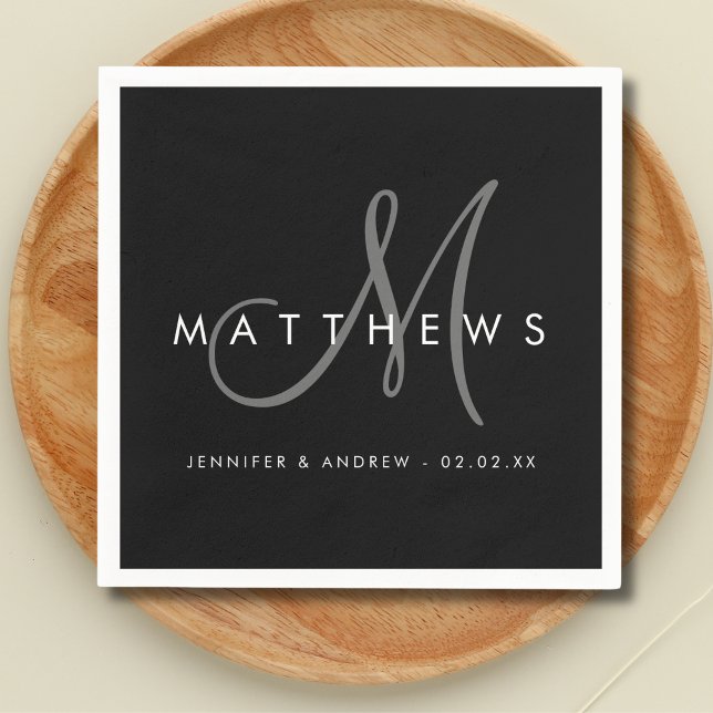 Modern Minimalist Black Grey Monogram Wedding Napkin (Creator Uploaded)