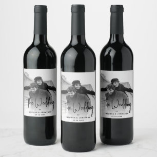 Modern Minimalist Black Handscript Photo Wedding Wine Label