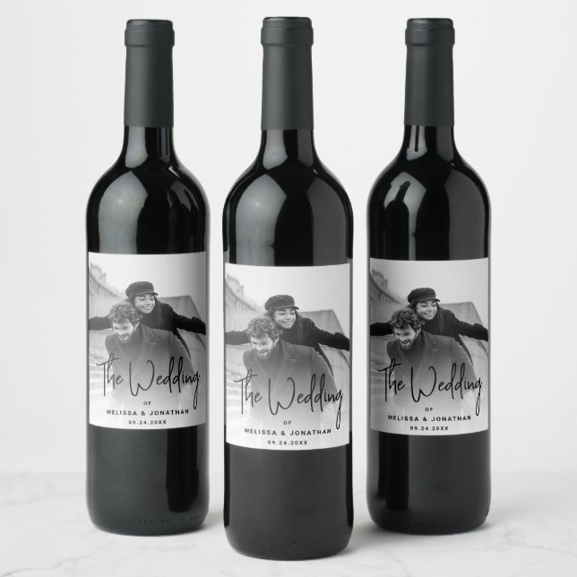 Modern Minimalist Black Handscript Photo Wedding Wine Label (Bottles)