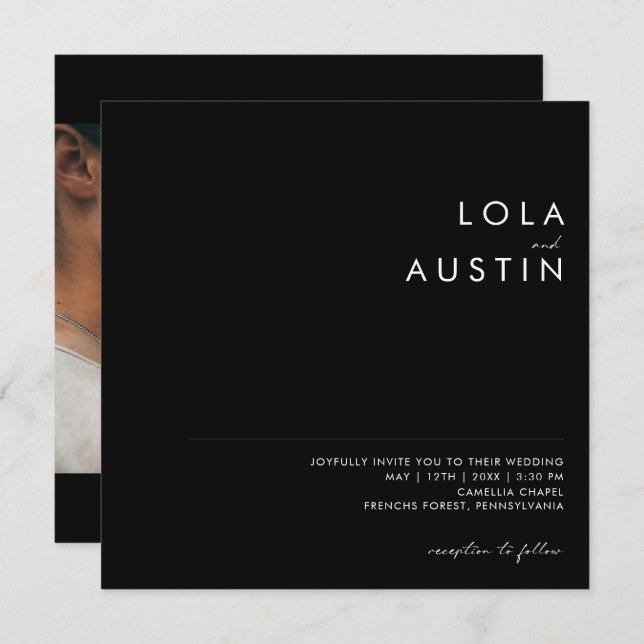 Modern Minimalist | Black Photo Square Wedding Invitation (Front/Back)
