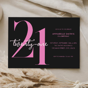 Modern Minimalist Black Pink 21st Birthday Invitation