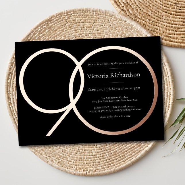 Modern Minimalist Black Rose Gold 90th Birthday (Modern Minimalist Black Rose Gold 90th Birthday Foil Invitation)