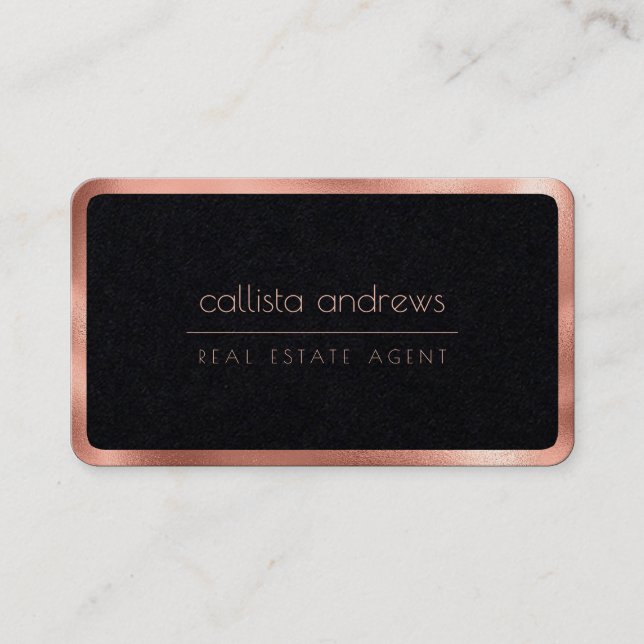 Modern Minimalist Black Rose Gold Border Business Card (Front)