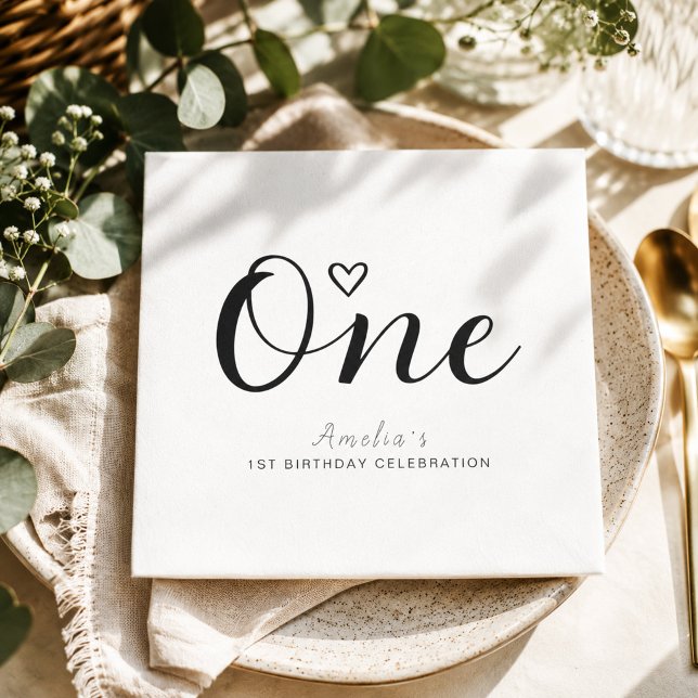Modern Minimalist Black Script 1st Birthday Napkin (Creator Uploaded)