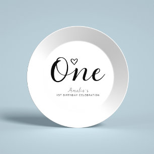 Modern Minimalist Black Script 1st Birthday Paper Plate