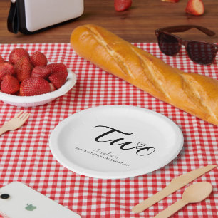 Modern Minimalist Black Script 2nd Birthday Paper Plate
