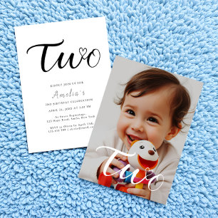 Modern Minimalist Black Script 2nd Birthday Photo Invitation