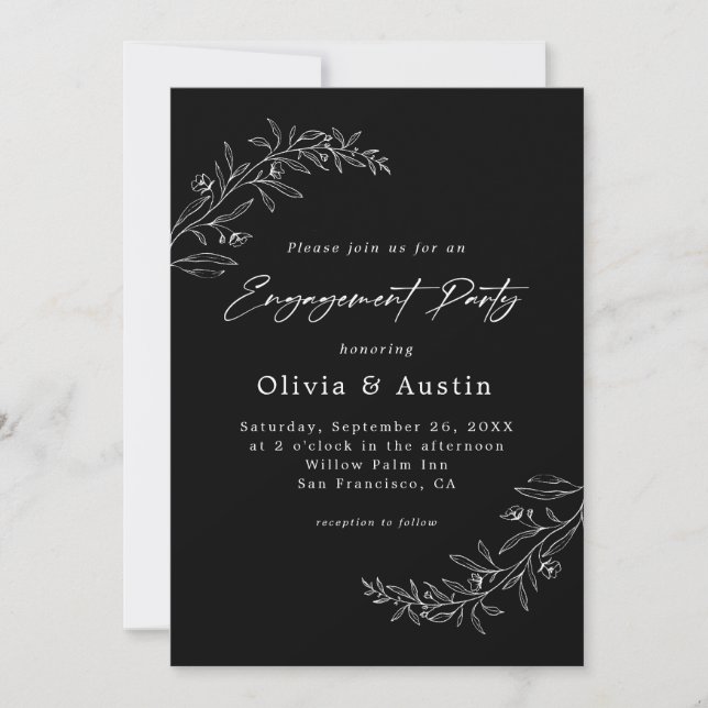 Modern Minimalist Black Script Engagement Party Invitation (Front)