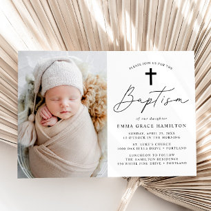 Modern Minimalist Black Script Photo Baptism Invitation