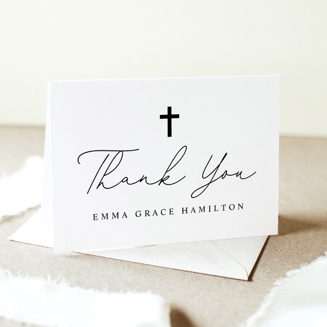 Modern Minimalist Black Script Photo Baptism Thank You Card (Creator Uploaded)
