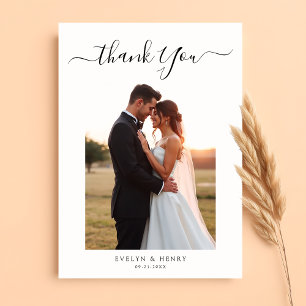 Modern Minimalist Black Script Wedding Photo Thank You Card