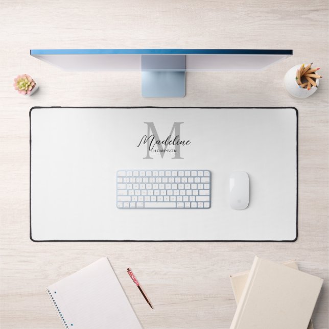 Modern Minimalist Black Script White Grey Monogram Desk Mat (Office 1)