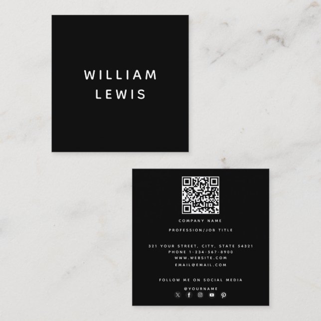 Modern Minimalist Black Social Media QR Code Square Business Card (Front/Back)