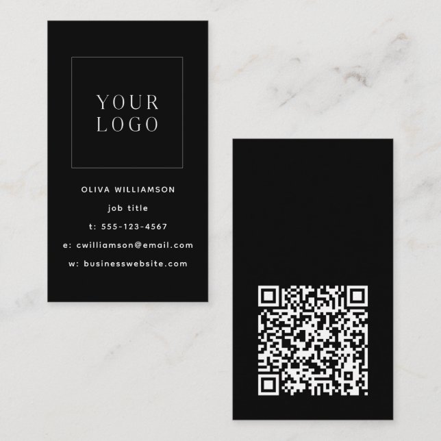 Modern Minimalist Black Vertical Logo QR Code Business Card (Front/Back)