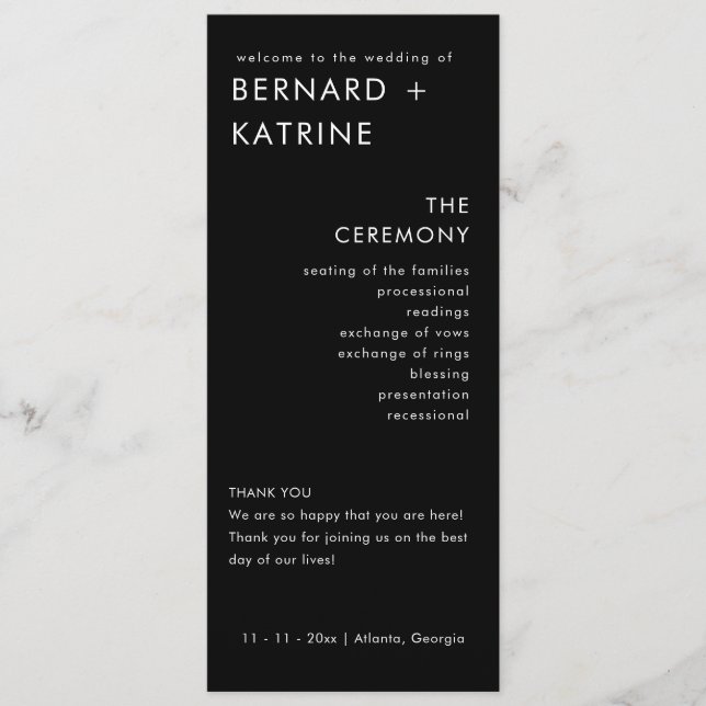 Modern Minimalist | Black Wedding Program Programme (Front)