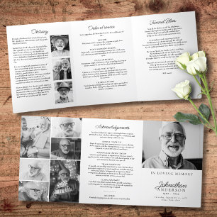 Modern Minimalist Black & White 10-Photo Funeral Tri-Fold Programme