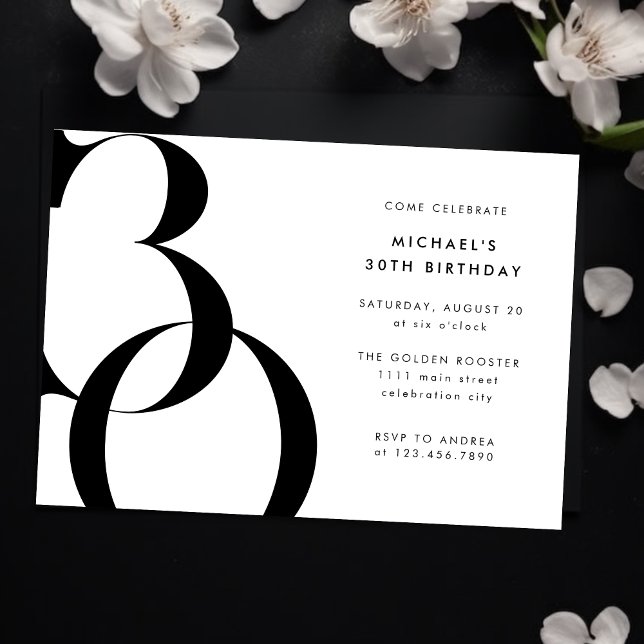 Modern Minimalist Black White 30th Birthday Party Invitation (Creator Uploaded)