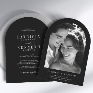 Modern Minimalist Black & White Arch Wedding Photo Invitation
