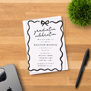 Modern Minimalist Black White Bow Photo Graduation Acrylic Invitations