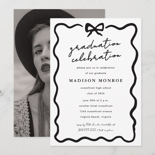Modern Minimalist Black White Bow Photo Graduation Invitation (Front/Back)