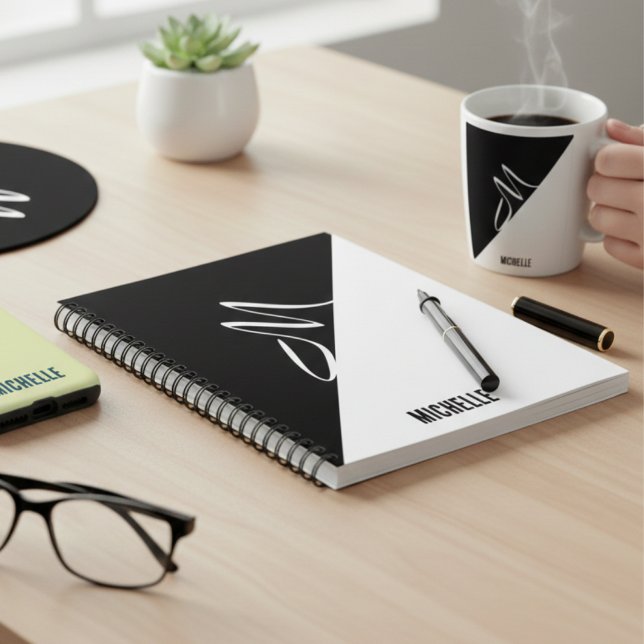 Modern Minimalist Black & White Chic Monogram Name Notebook (Creator Uploaded)