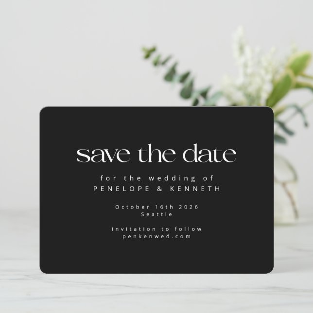 Modern Minimalist Black White Chic Simple Wedding  Save The Date (Standing Front)