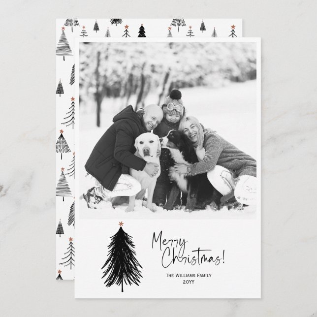 Modern Minimalist Black White Christmas Tree Photo Holiday Card (Front/Back)