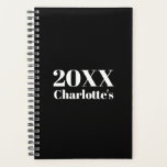 Modern minimalist black white custom year name planner<br><div class="desc">Modern minimalist black and white custom year and name personalised Planner.
Fully customisable white text on black plain solid colour background. Colours are editable.</div>